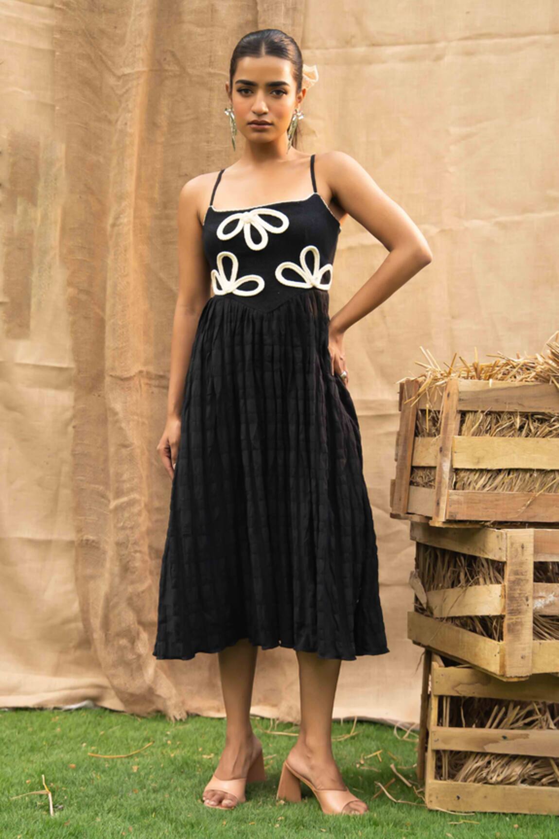 Kalakaari By Sagarika Black Cotton Midi Dress with Embroidery 