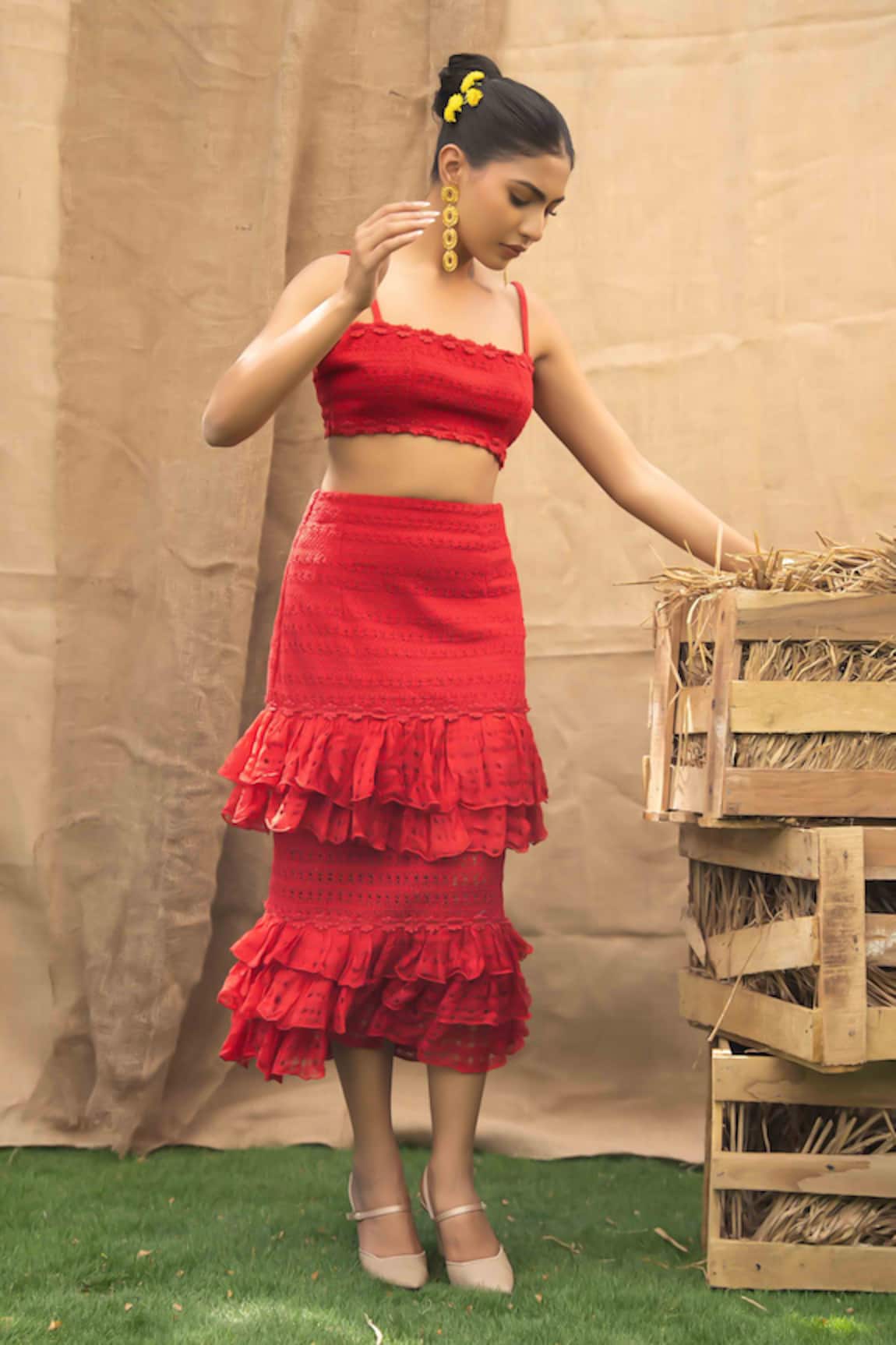 Kalakaari By Sagarika Red Ruffled Skirt & Top Set 