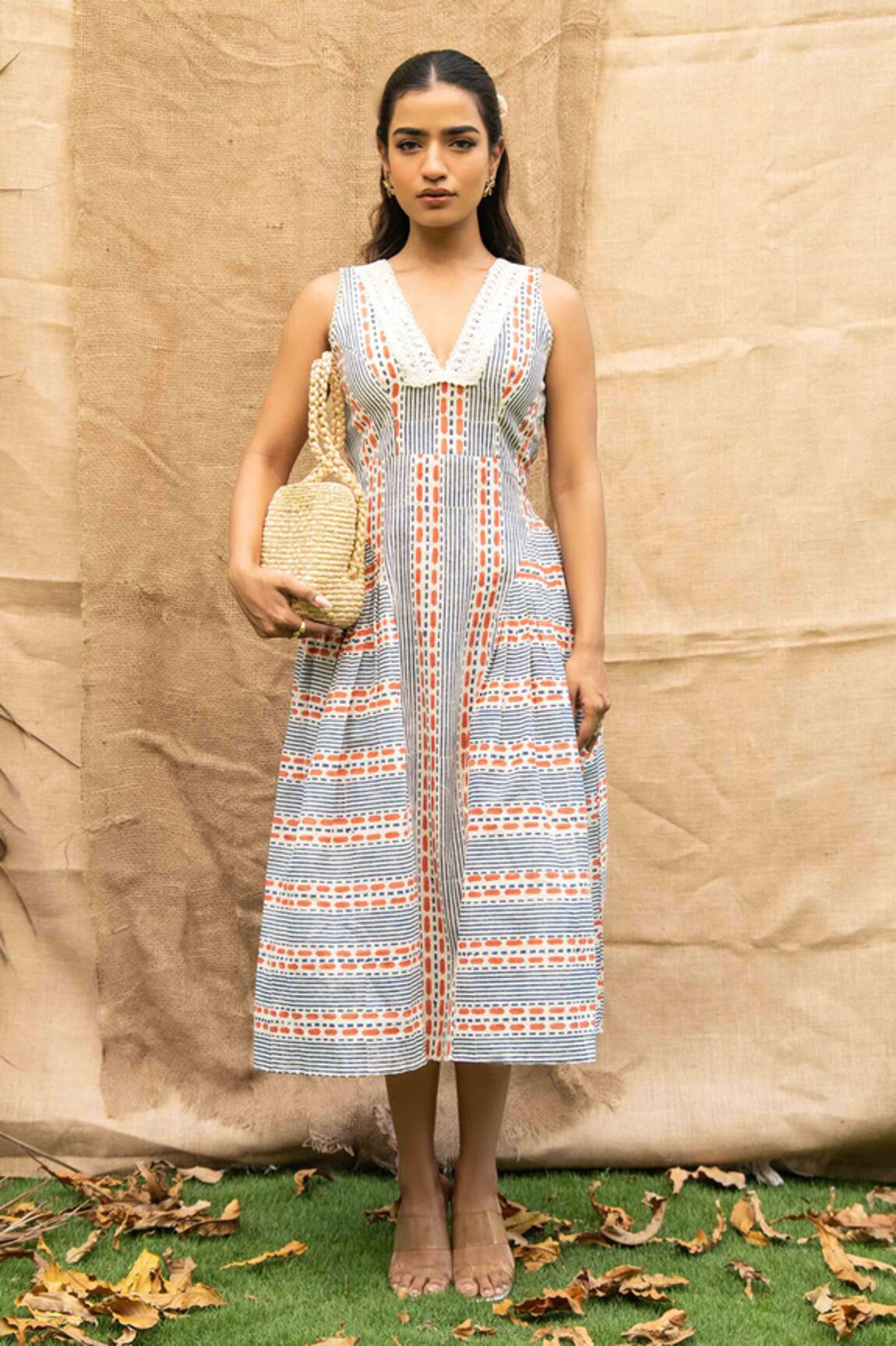 Kalakaari By Sagarika Blue Midi Dress with Printed Details 