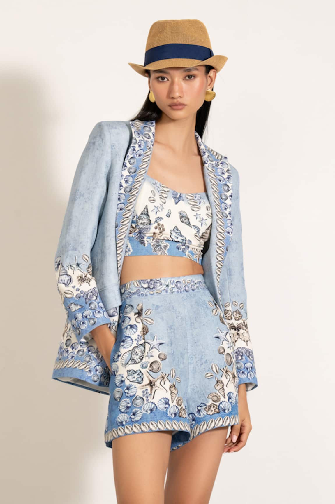RANNA GILL Sky Blue Mira Knotch Collar Jacket 