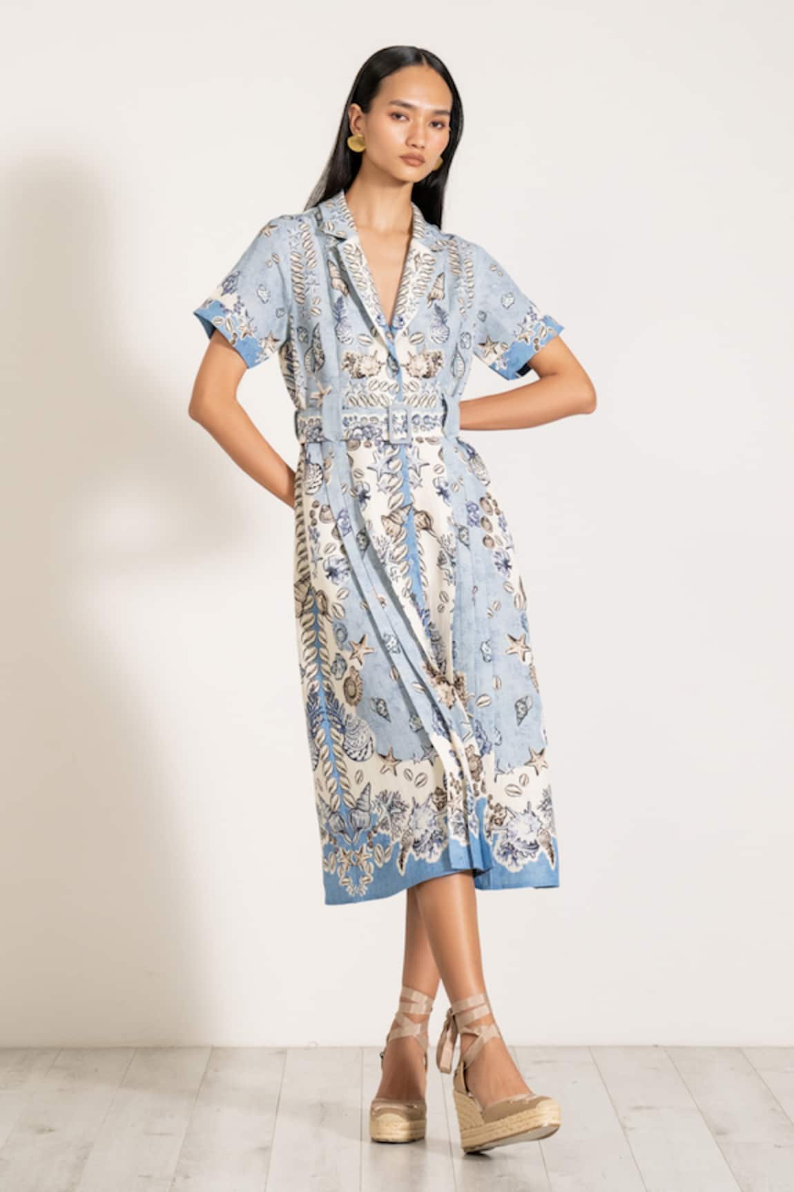 RANNA GILL Sky Blue Printed Midi Shirt Dress 