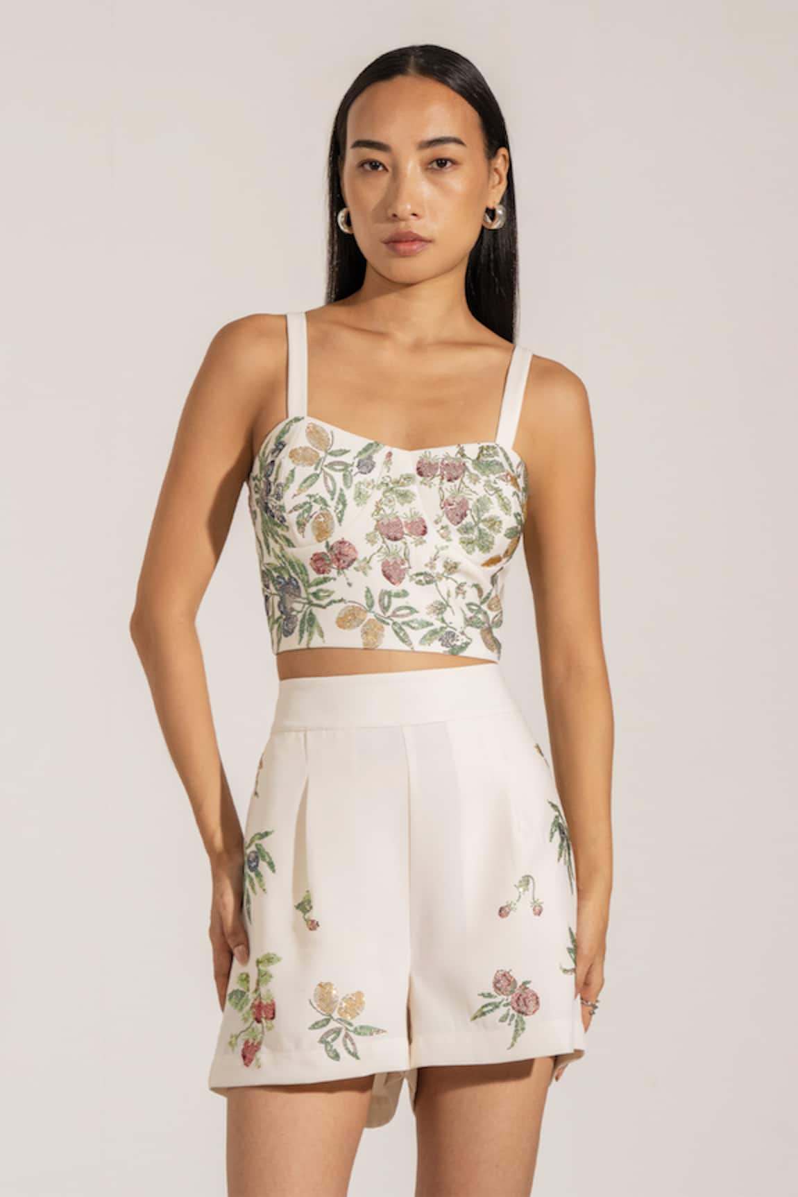 RANNA GILL Embroidered Ivory Designer Mary Shorts 