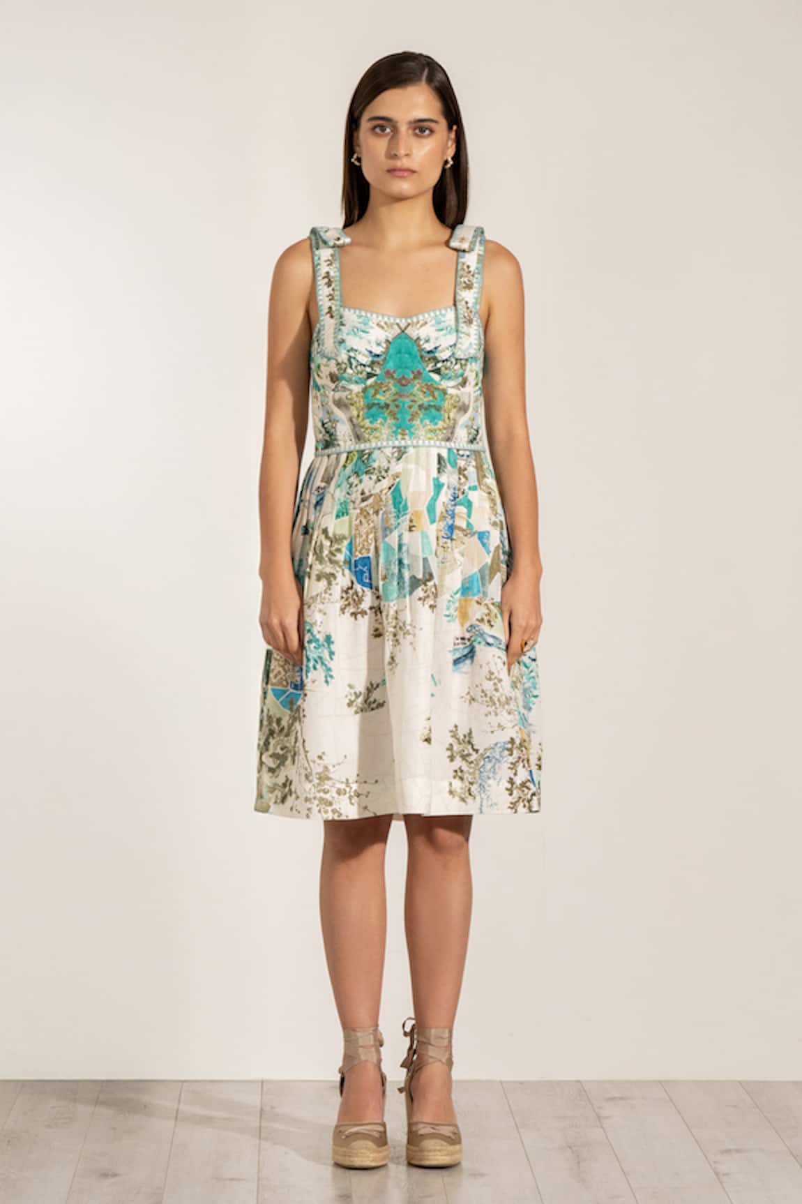 RANNA GILL Teal Globe Printed Sundress 