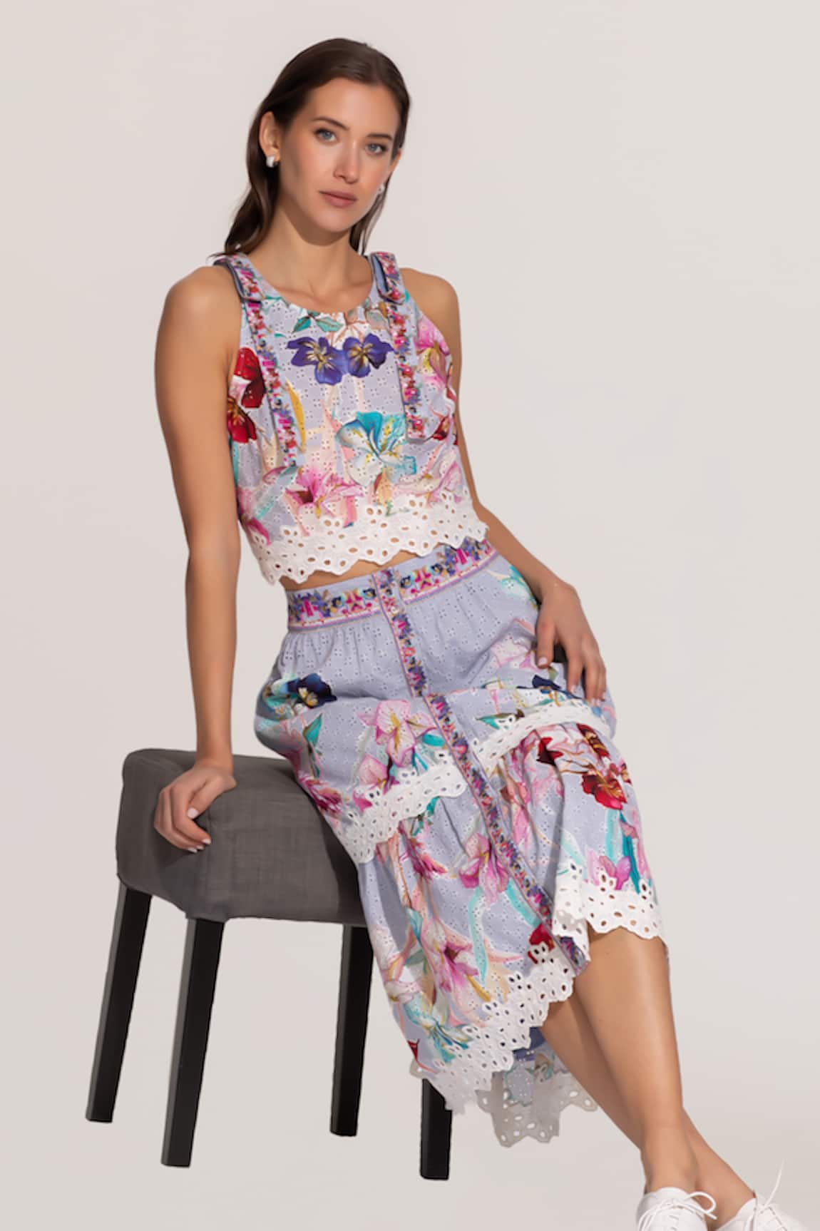 RANNA GILL Multi Color Halter Crop Top & Skirt Set 