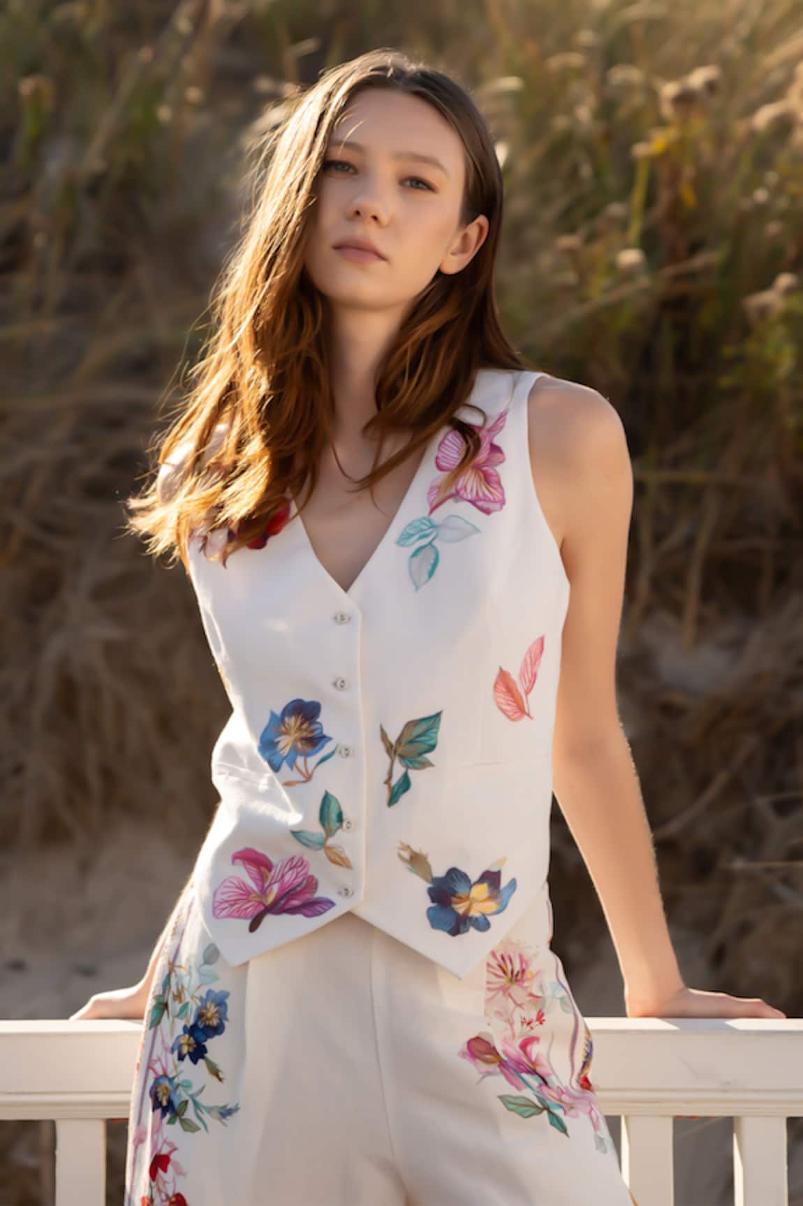 RANNA GILL Embroidered Ivory Waistcoat 