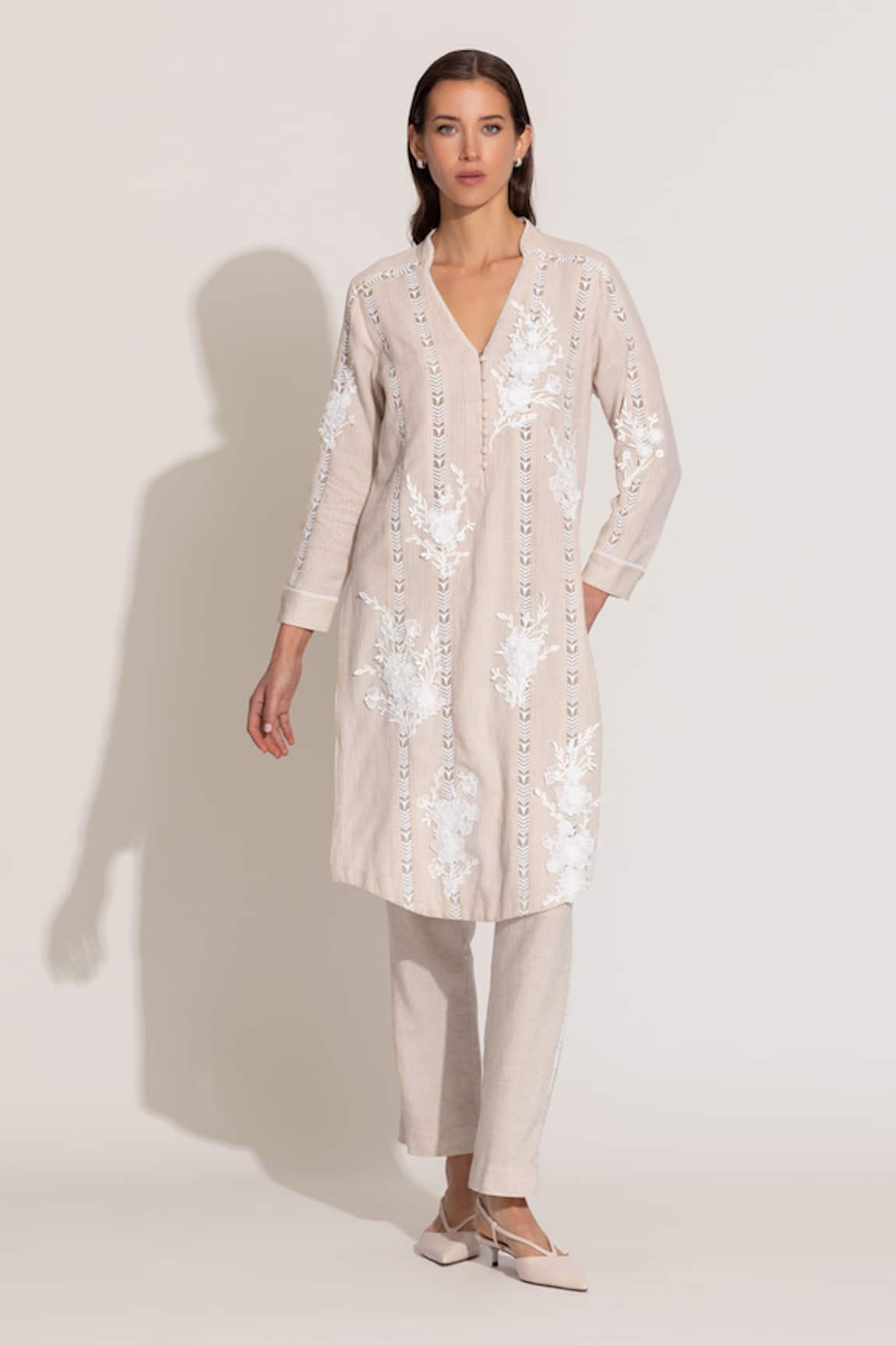 RANNA GILL Beige Stripe Linen Kurta Pant Set 