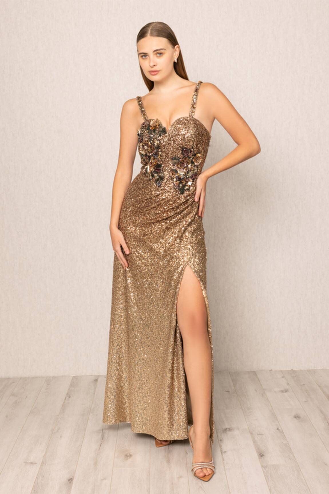 RANNA GILL Solaria Gold Sequin Gown 