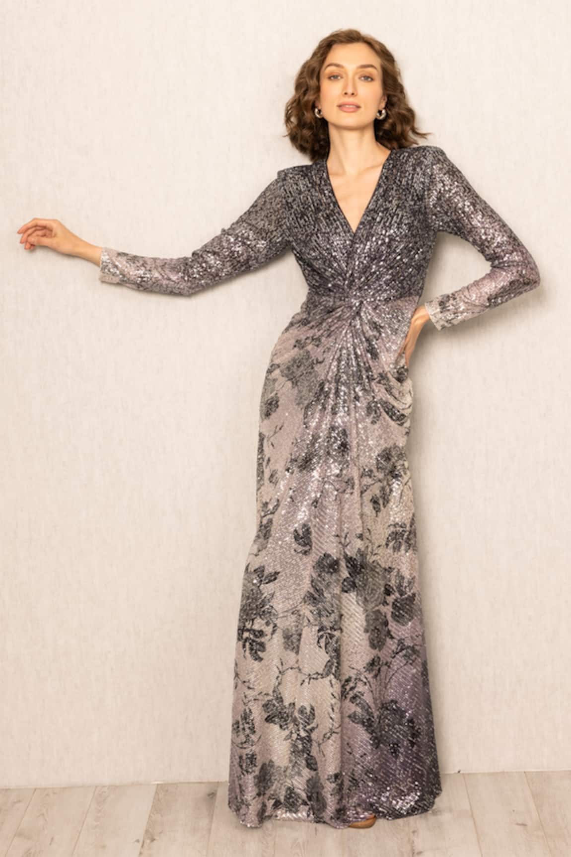 RANNA GILL Zale Grey Ombre Sequined Gown 