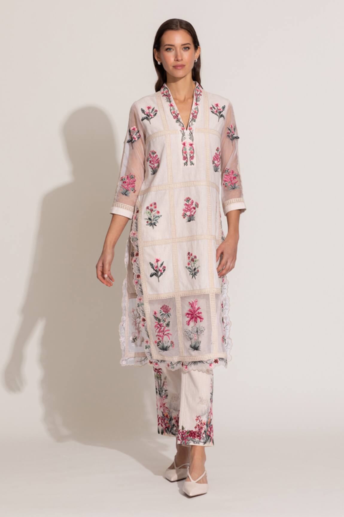 RANNA GILL Beige Floral Embroidered Kurta Set 