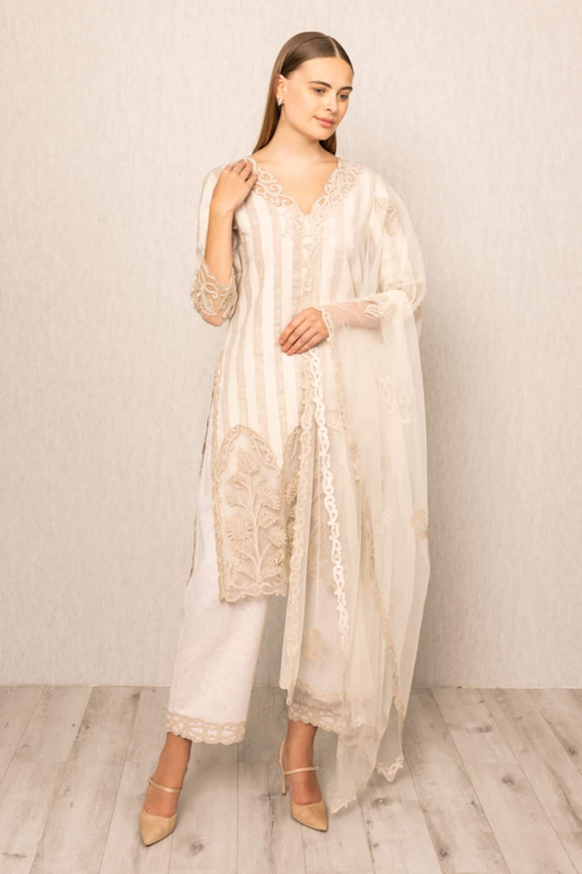 RANNA GILL Beige Linen Stripe Kurta Set 