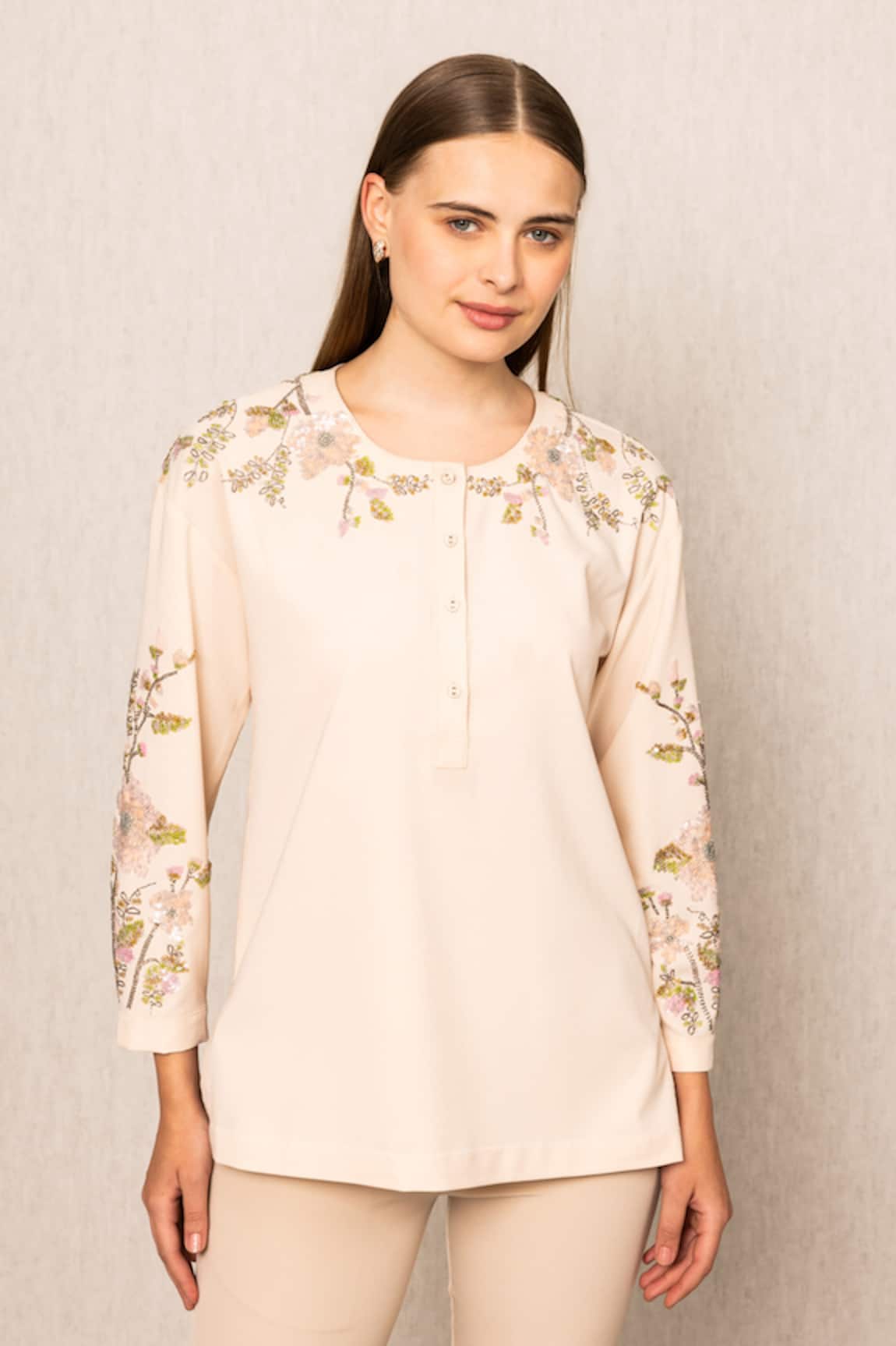 RANNA GILL Eliana Embroidered Peach Top 