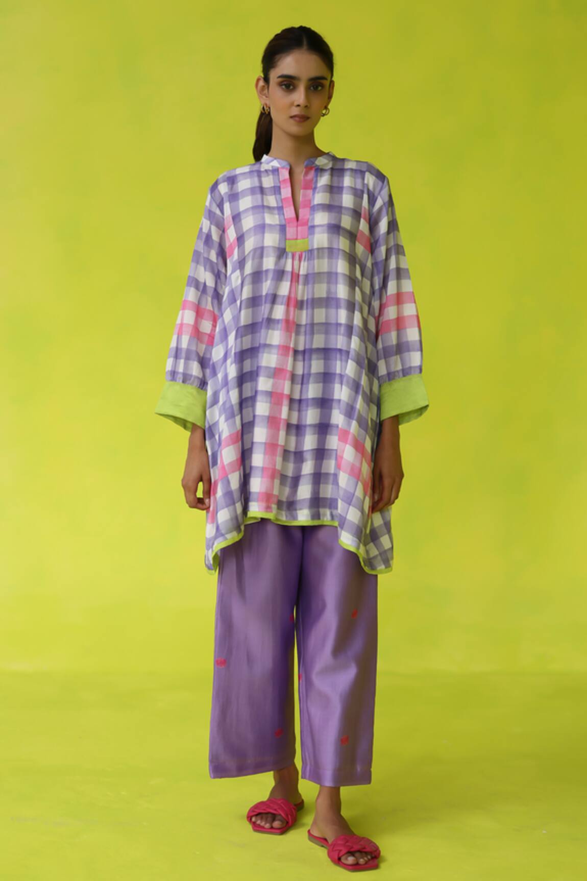 ROZA Purple Checkered Tunic with Inner Slip 