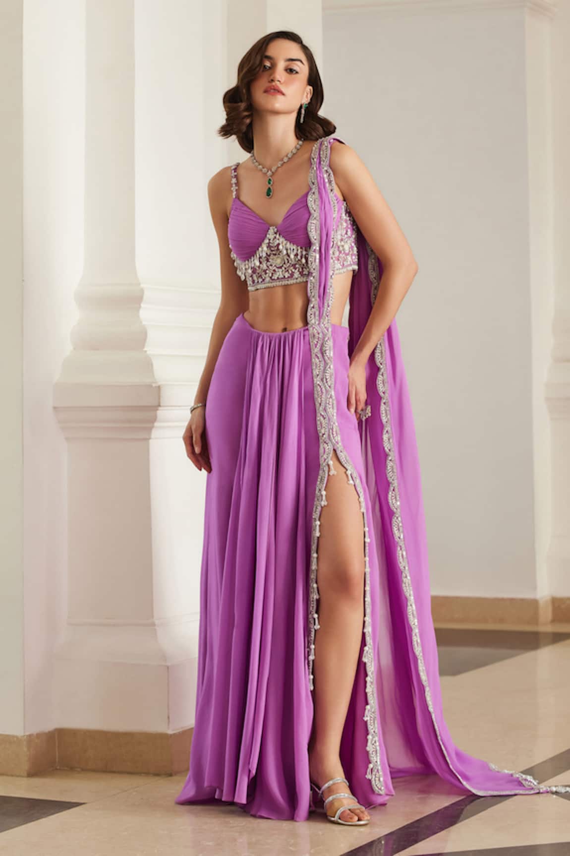 Label Sanya Gulati Bubblegum Pink Pre-Draped Saree Set 