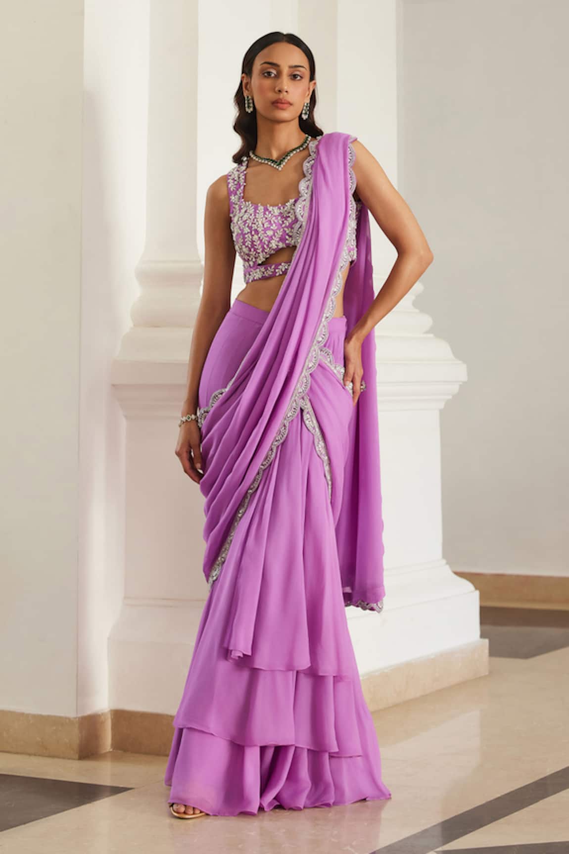 Label Sanya Gulati Bubblegum Pink Pre-Draped Saree Set 