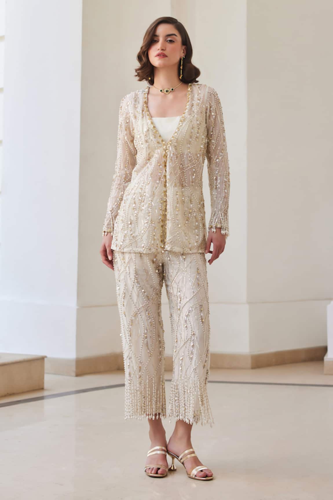 Label Sanya Gulati Designer Pearl White Jacket & Pant Set 