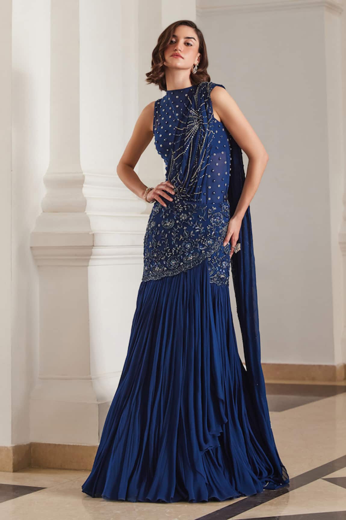 Label Sanya Gulati Teal Blue Pre-Draped Saree with Bodysuit 