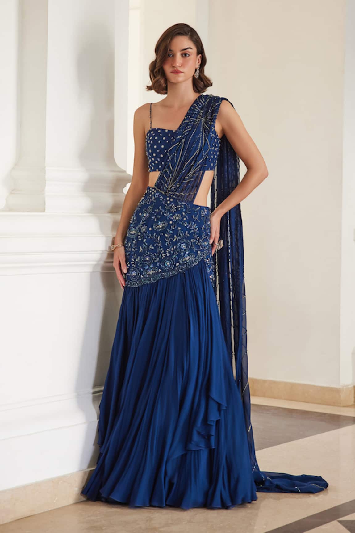 Label Sanya Gulati Teal Blue Pre-Draped Saree Set 