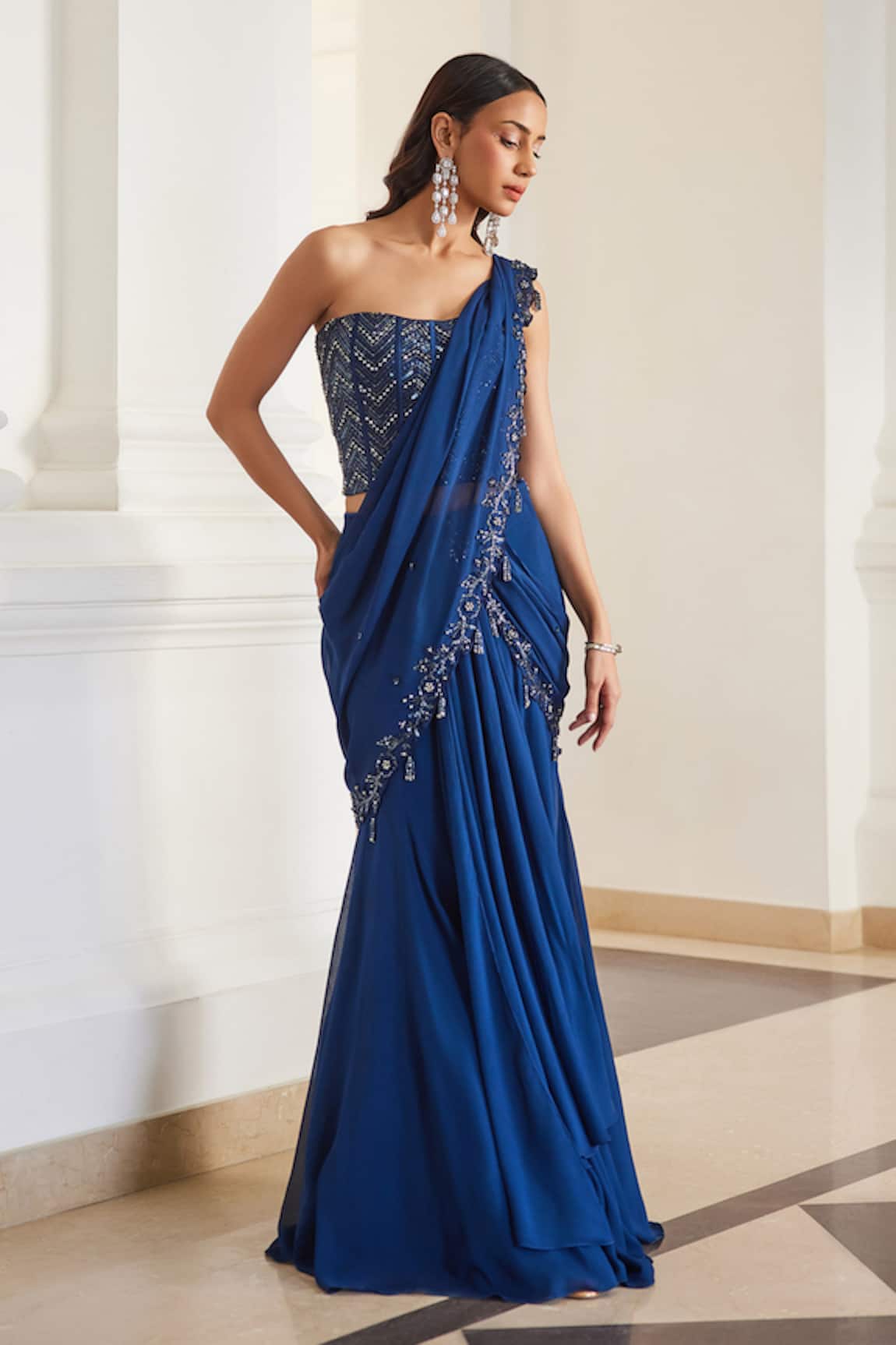 Label Sanya Gulati Teal Blue Pre-Draped Saree With Corset 