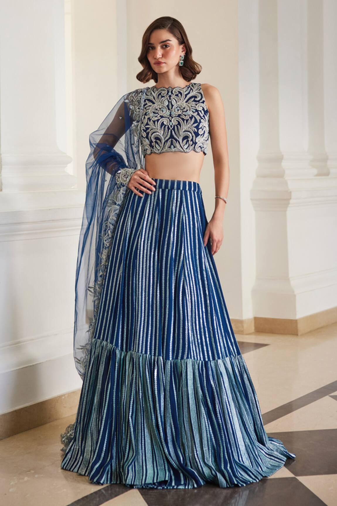 Label Sanya Gulati Teal Blue Zari Embellished Lehenga Set 