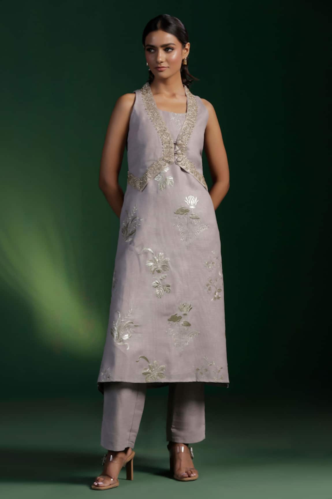 Two Sisters By Gyans Grey Embroidered Kurta Set with Jacket 