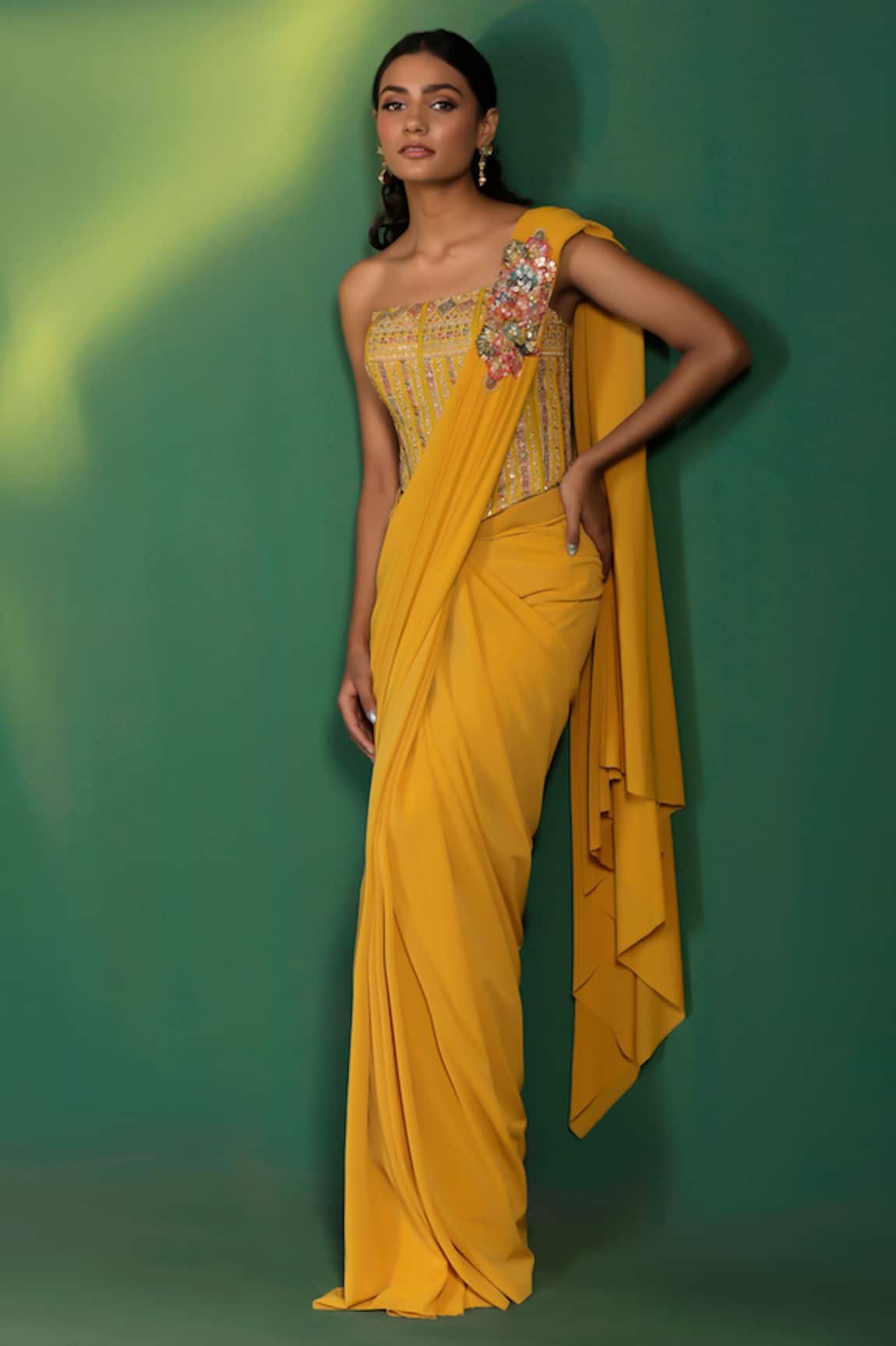 Two Sisters By Gyans Yellow Pre-Draped Saree with Blouse 