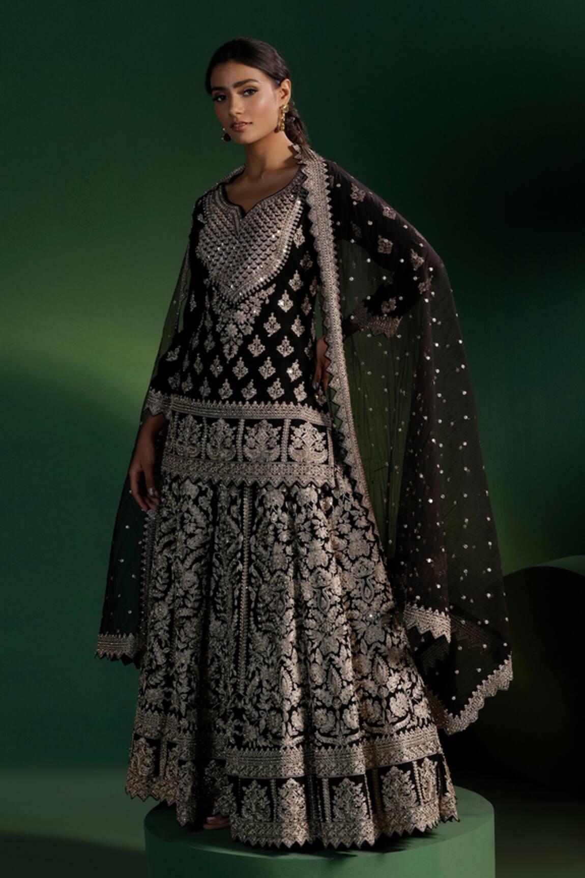 Two Sisters By Gyans Black Silk Embroidered Kurta Lehenga Set 