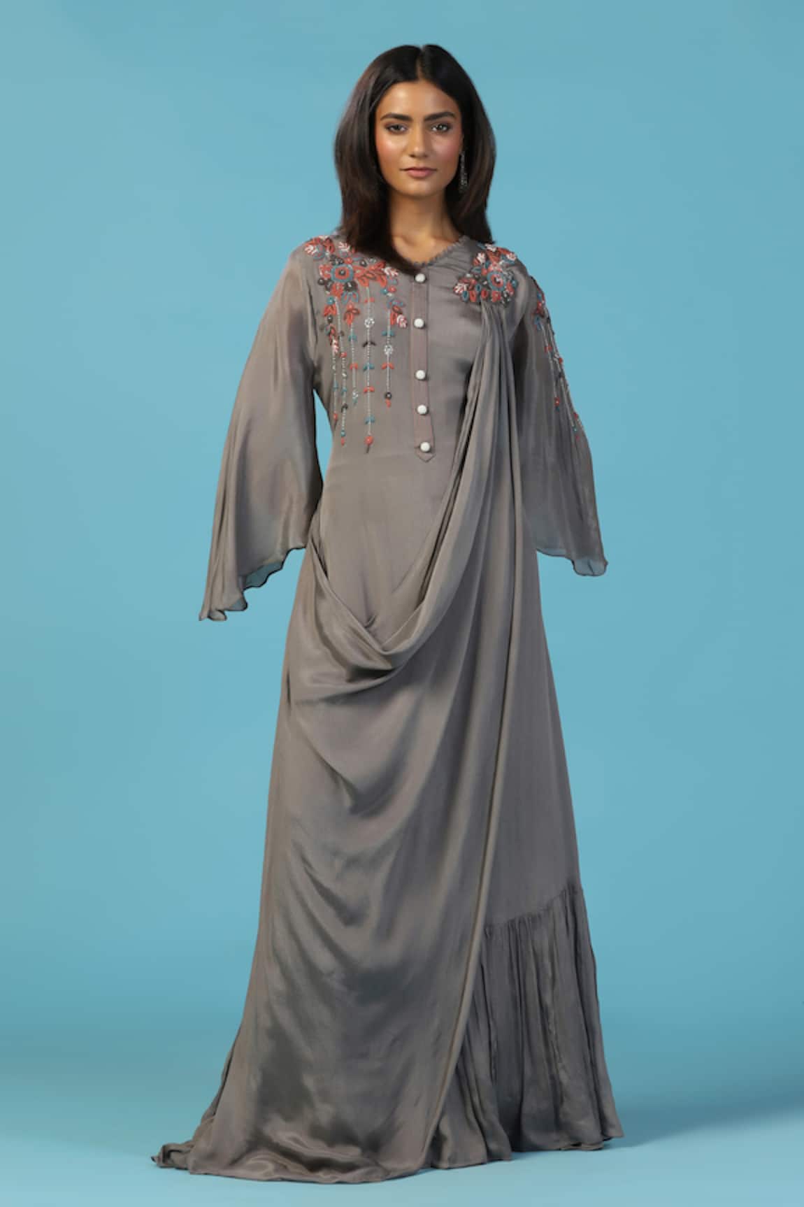 Two Sisters By Gyans Embroidered Grey Chiffon Gown 