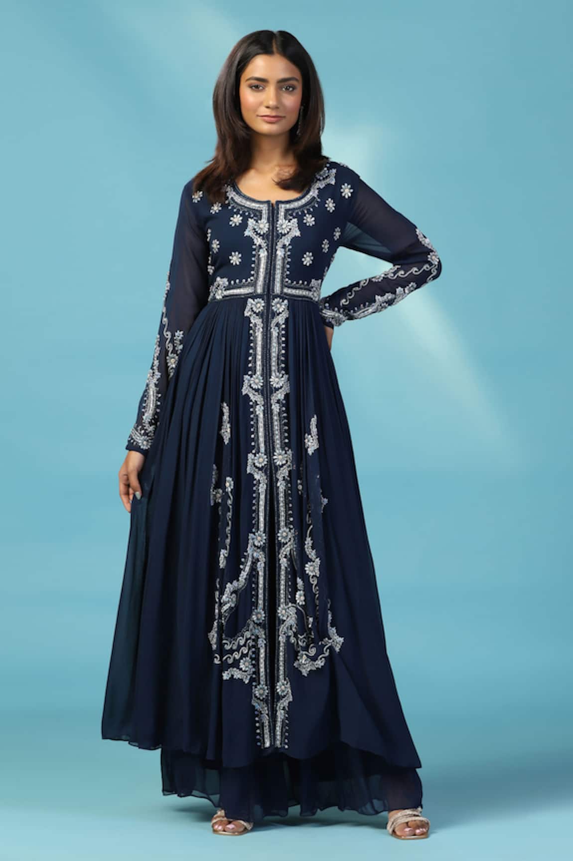 Two Sisters By Gyans Navy Blue Embroidered Anarkali Set 