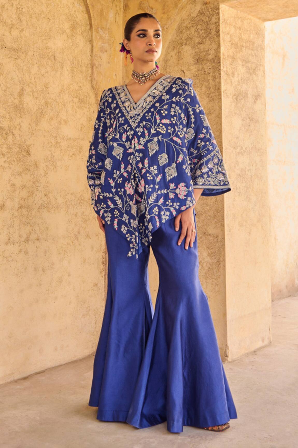 Vinita Bhansali Blue Embroidered Cape & Sharara Set 