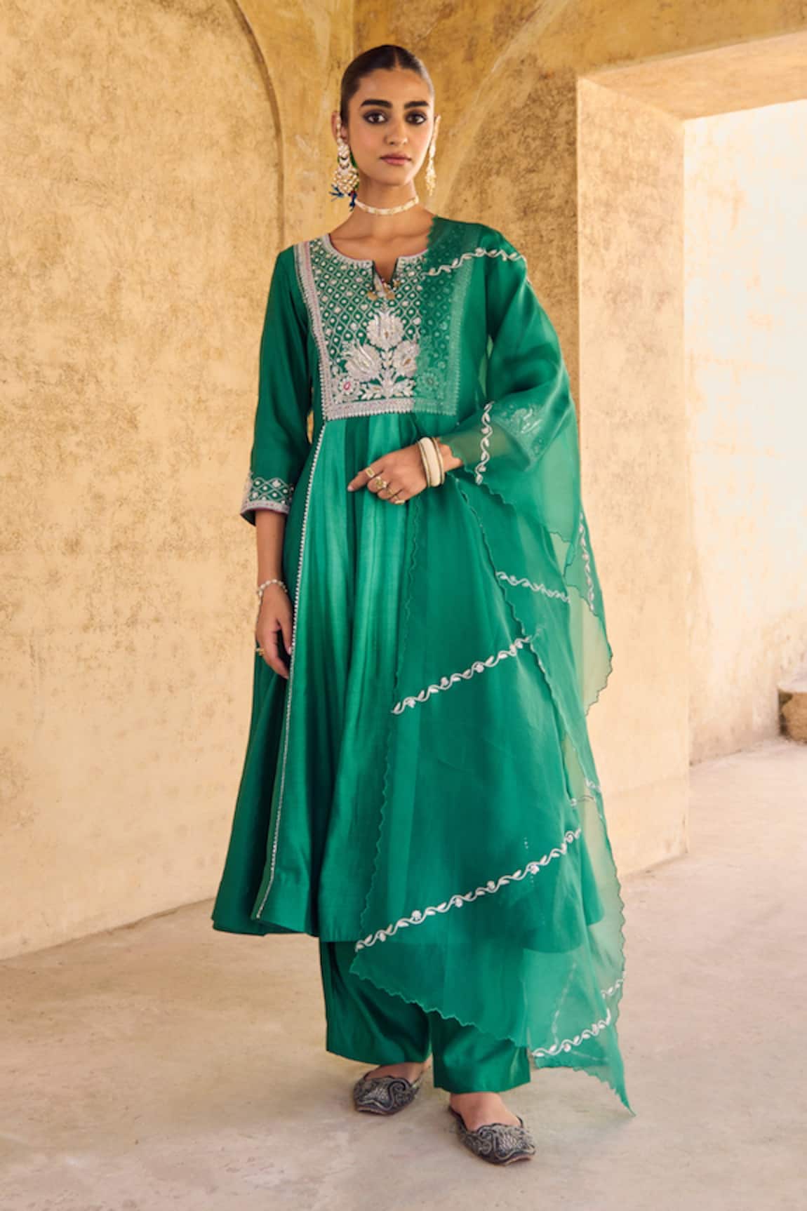 Vinita Bhansali Green Silk Anarkali Set with Dupatta 