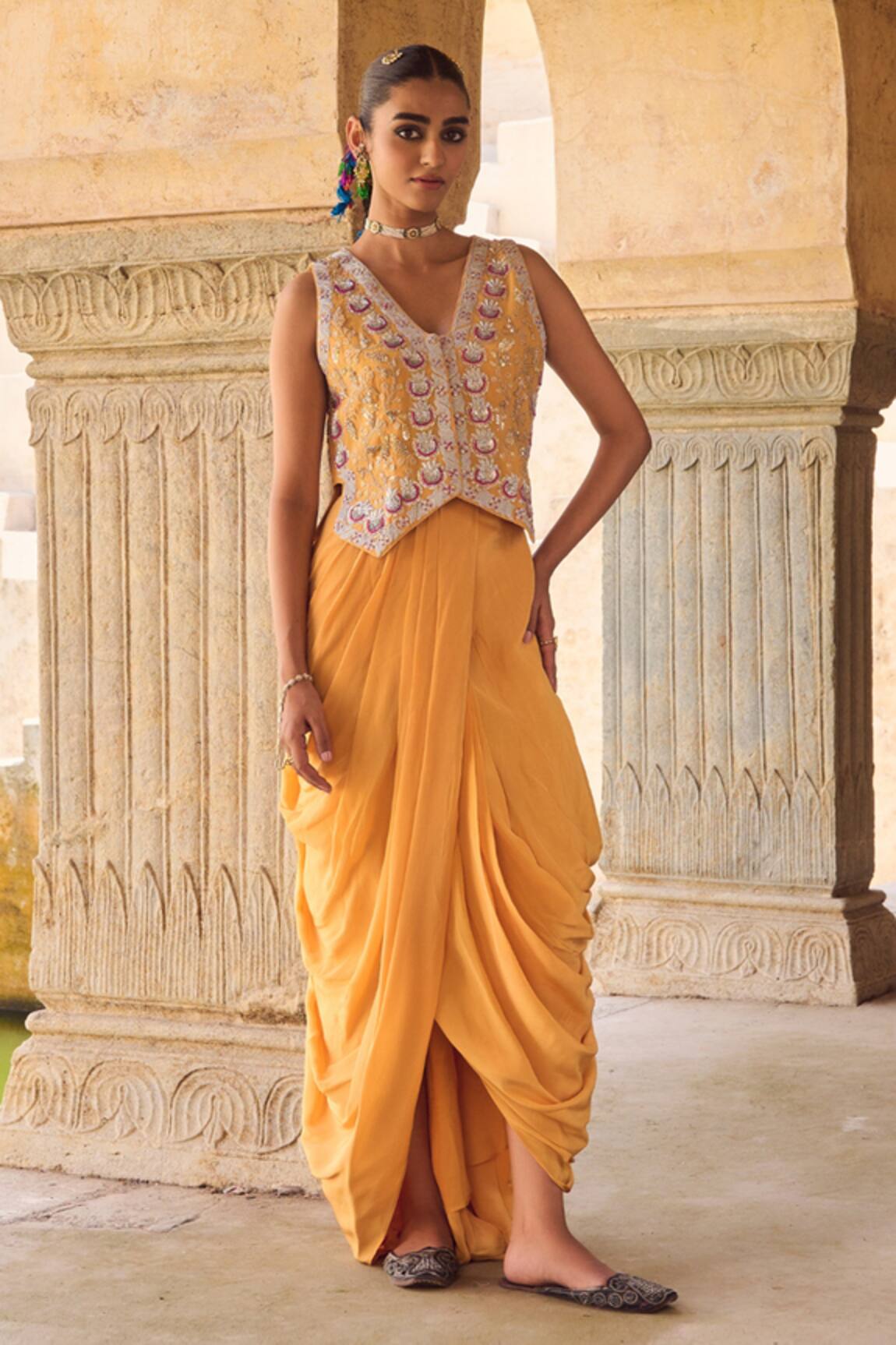 Vinita Bhansali Yellow Pure Crepe Silk Waist Coat & Skirt Set 