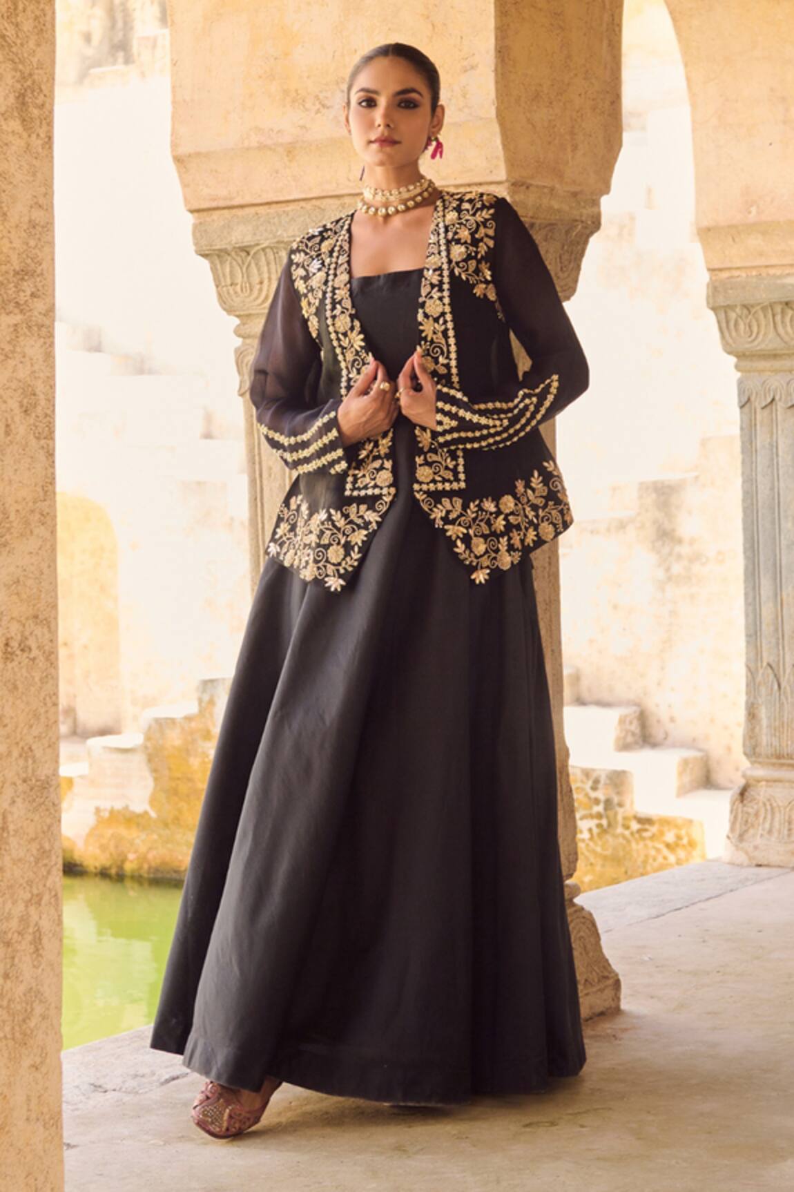 Vinita Bhansali Black Silk Organza Jacket Set 