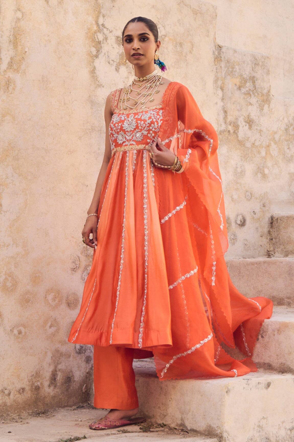 Vinita Bhansali Saanjh Orange Silk Anarkali Set 