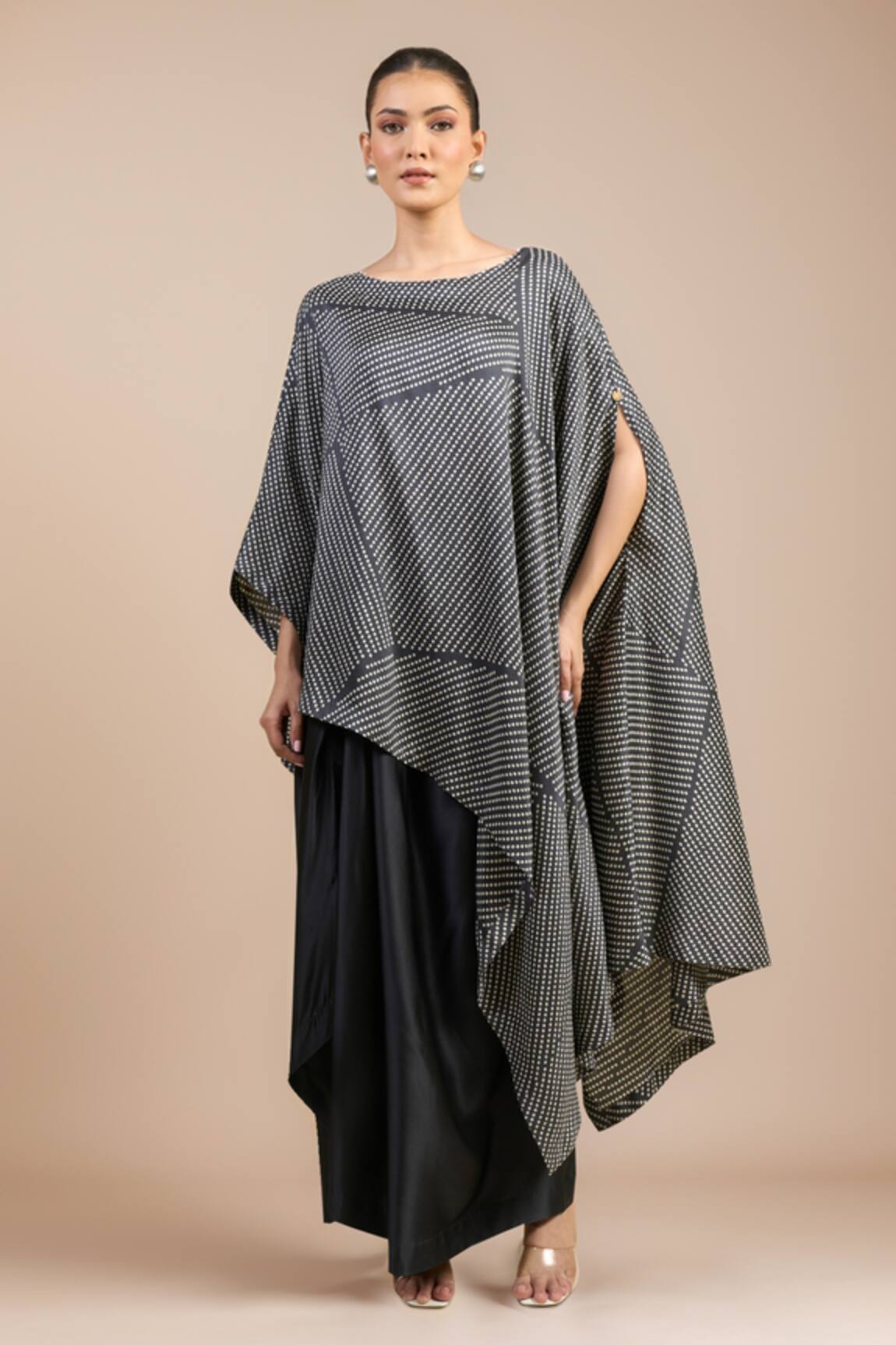Divyam Mehta Coal Crepe Poncho & Draped Skirt Set 
