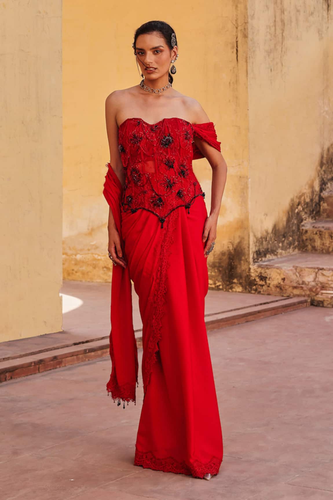 Label Moni K Red Satin Pre-Draped Saree & Blouse Set 
