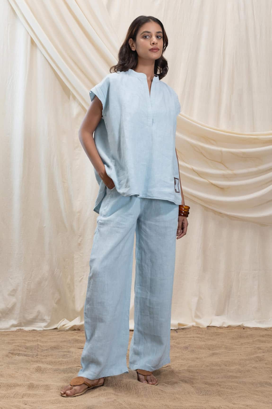 Akashi Clothing Powder Blue Linen Top & Pant Set 