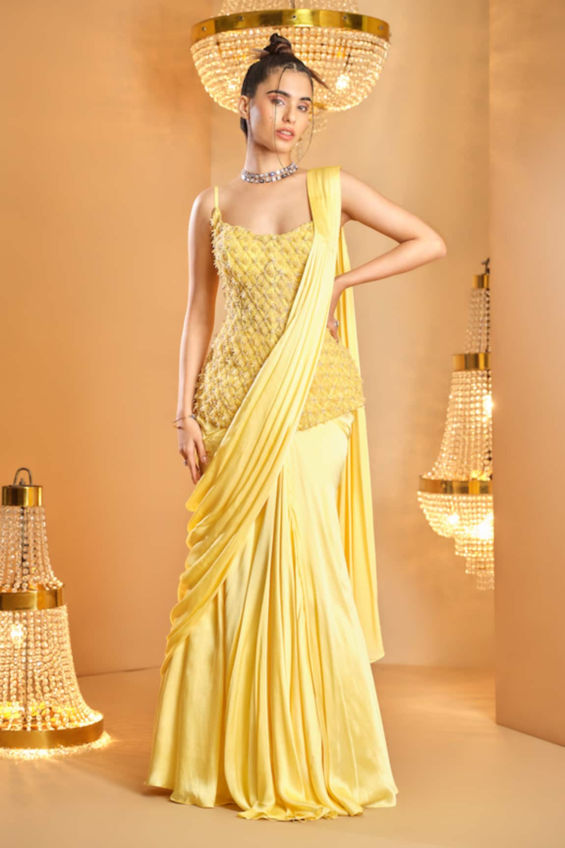 K&A By Karishma and Ashita Yellow Pre-Draped Saree Set 