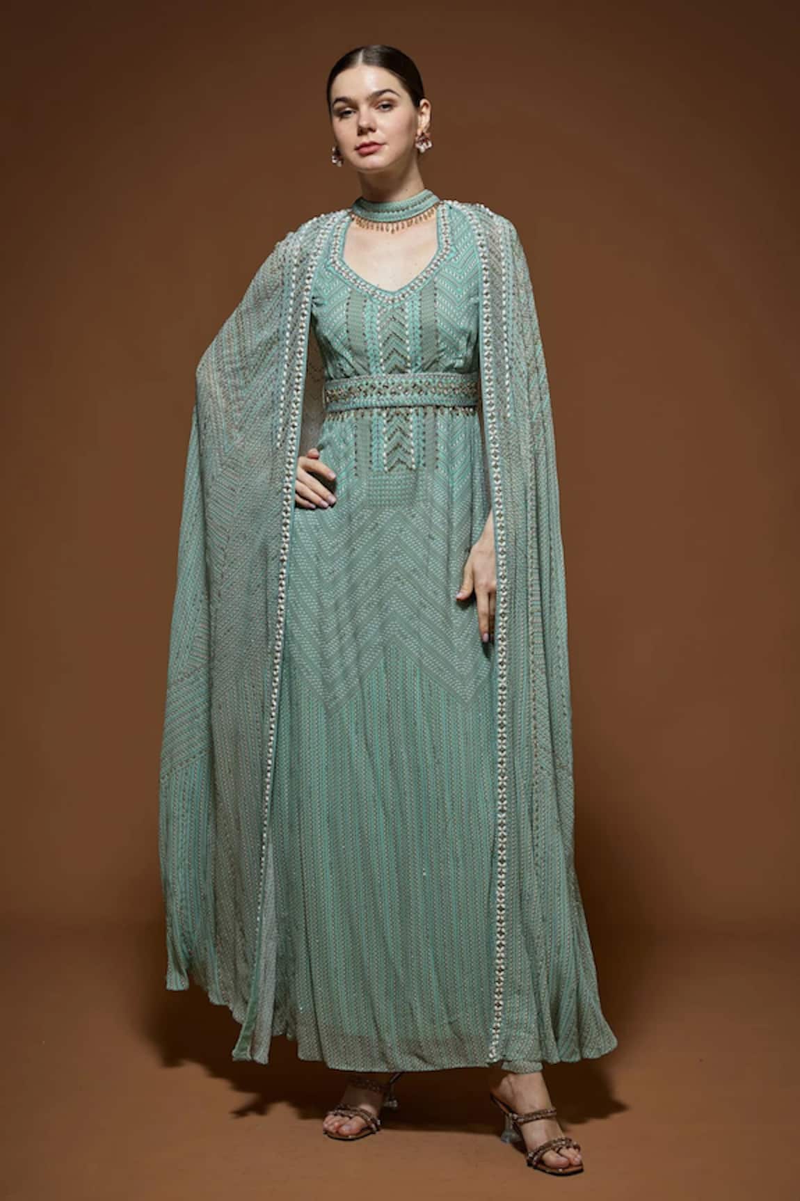 NIRRAAMYAA Aqua Blue Rhinestone Embellished Gown 