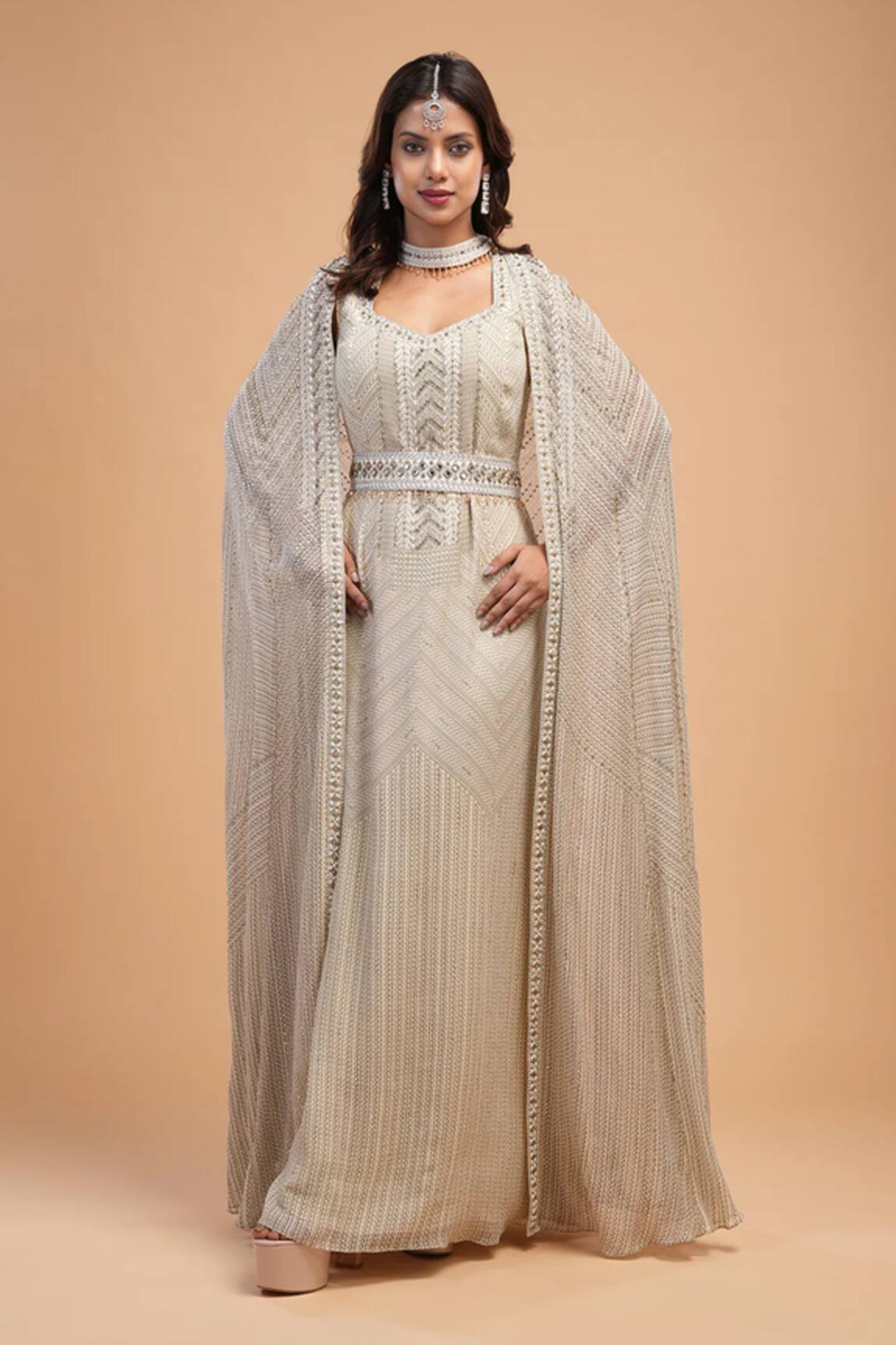 NIRRAAMYAA Ivory Rhinestone Embellished Gown Set 
