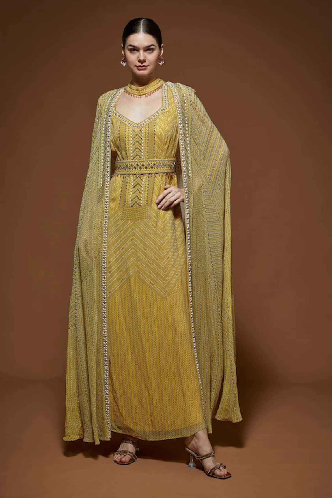 NIRRAAMYAA Lemon Yellow Rhinestone Embellished Gown Set 