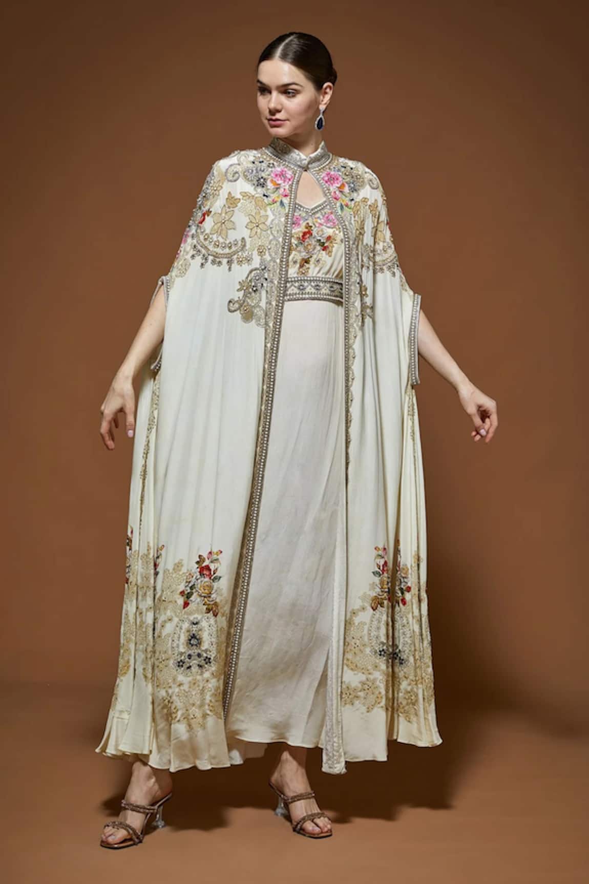 NIRRAAMYAA Ivory Embroidered Cape Gown Set 