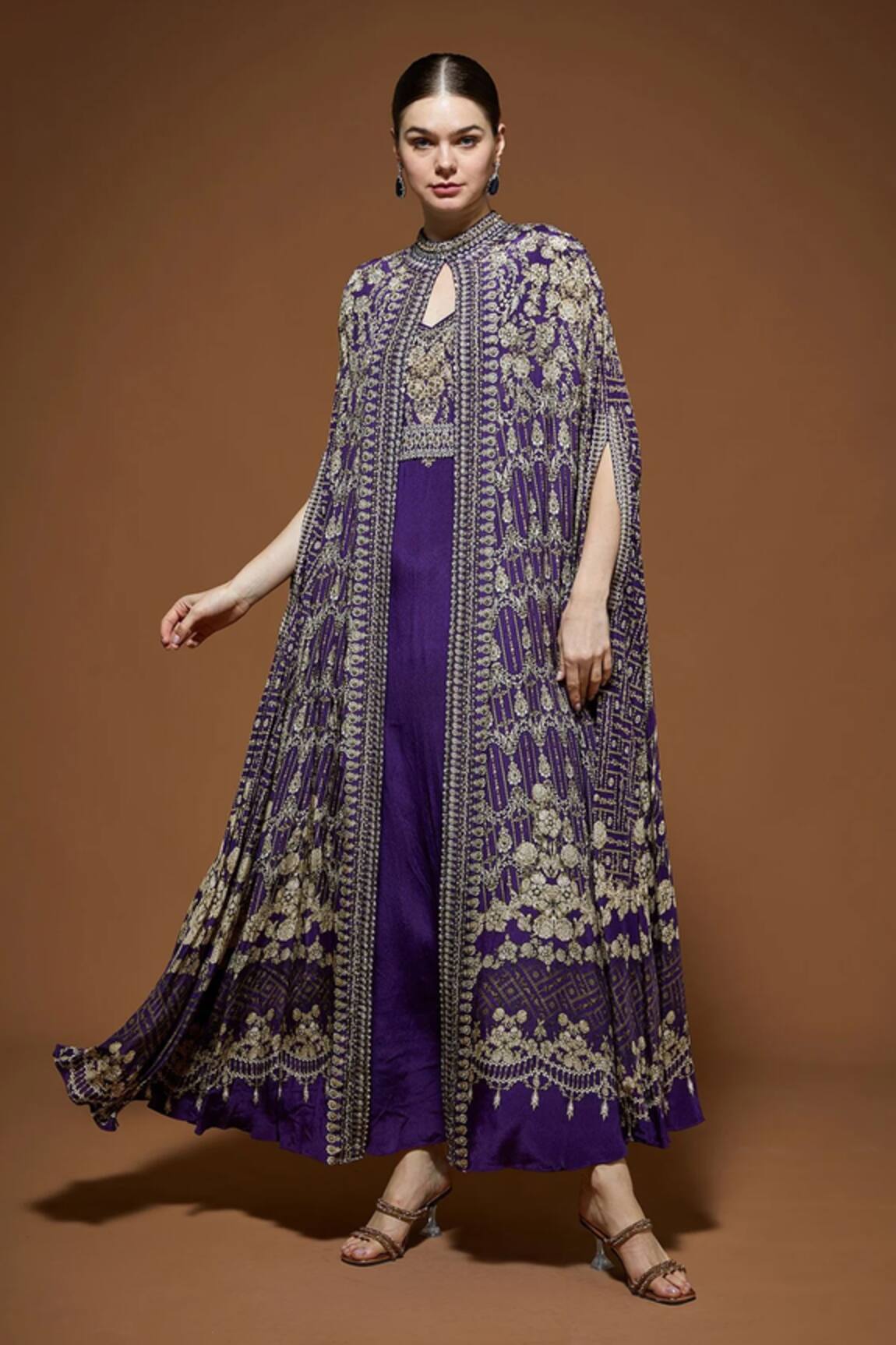 NIRRAAMYAA Embroidered Purple Cape Gown Set 