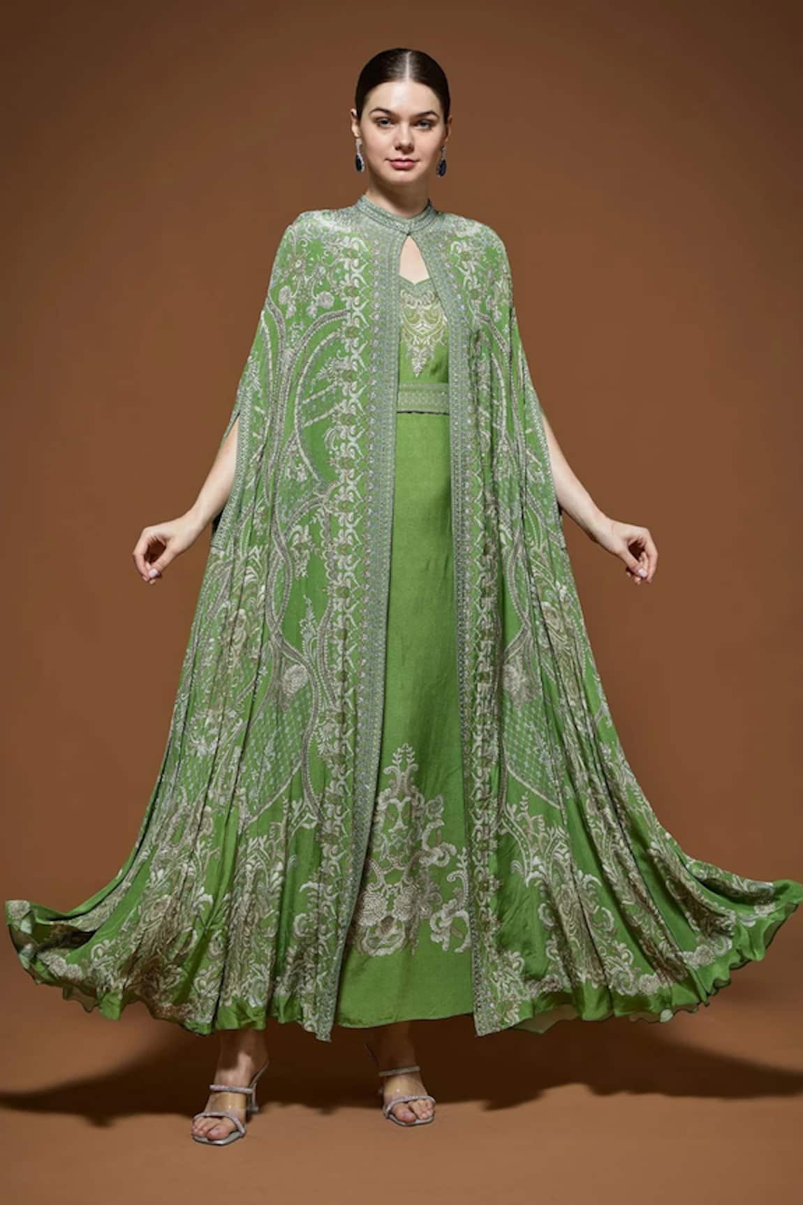 NIRRAAMYAA Designer Green Cape & Gown Set 