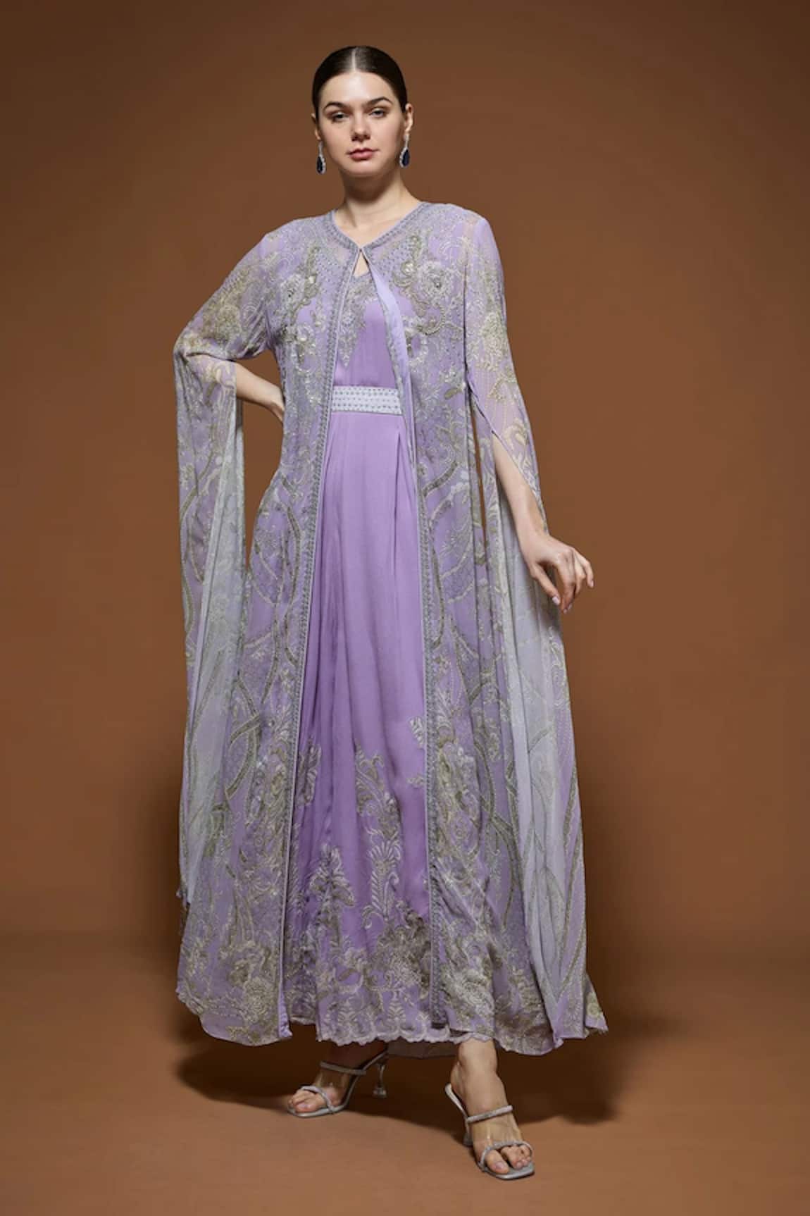 NIRRAAMYAA Mauve Cape Gown Set with Rhinestones 