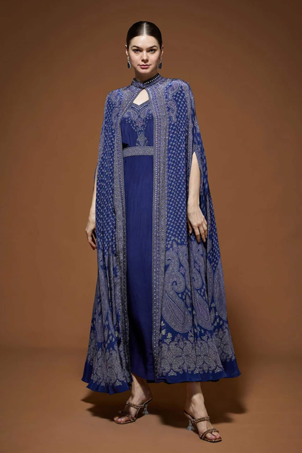 NIRRAAMYAA Blue Rhinestone Embellished Cape Gown Set 