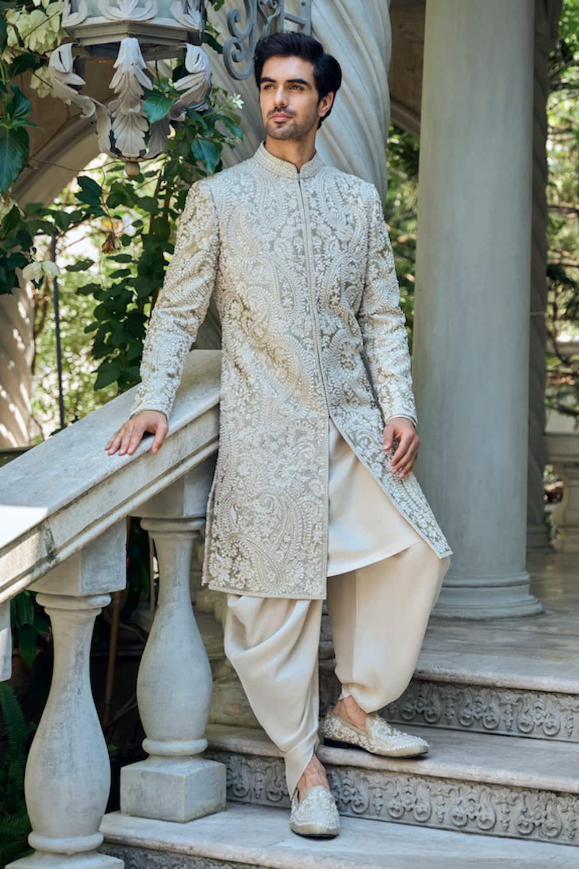Seema Gujral Cream Embroidered Sherwani & Dhoti Pant Set 