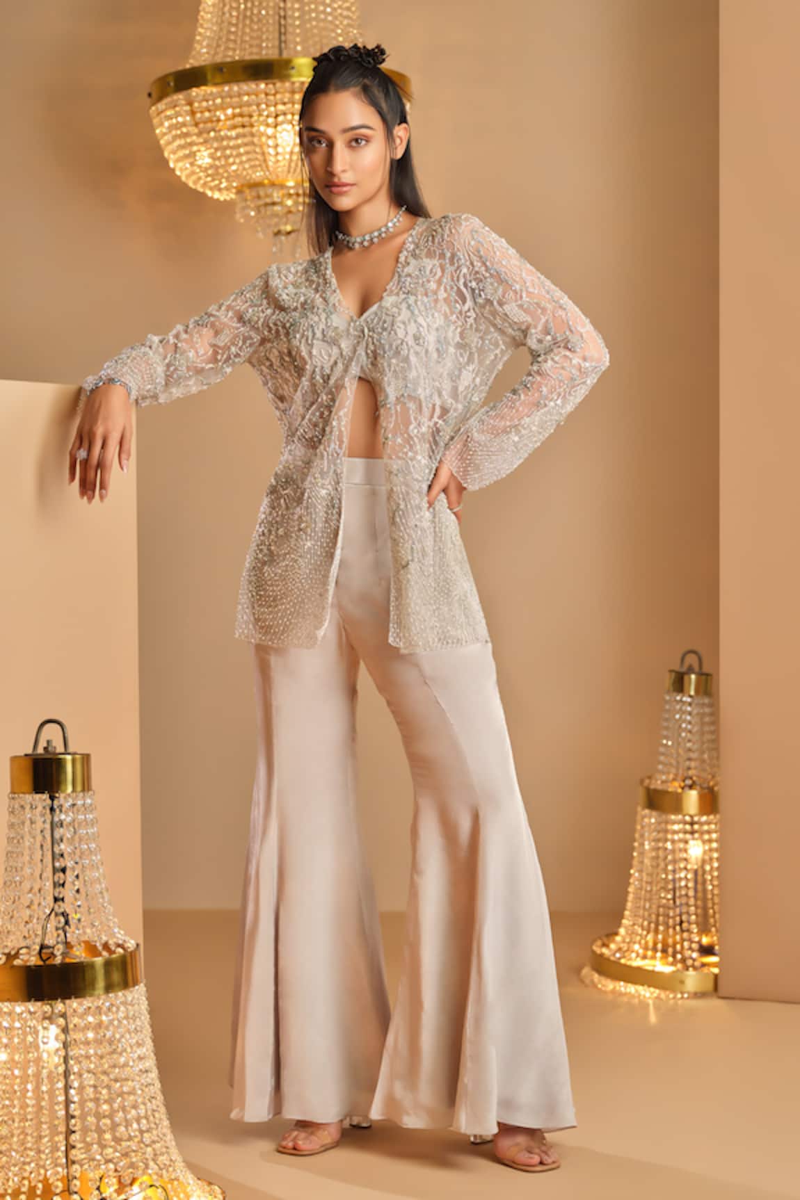 K&A By Karishma and Ashita Silver Embellished Jacket & Pant Set 