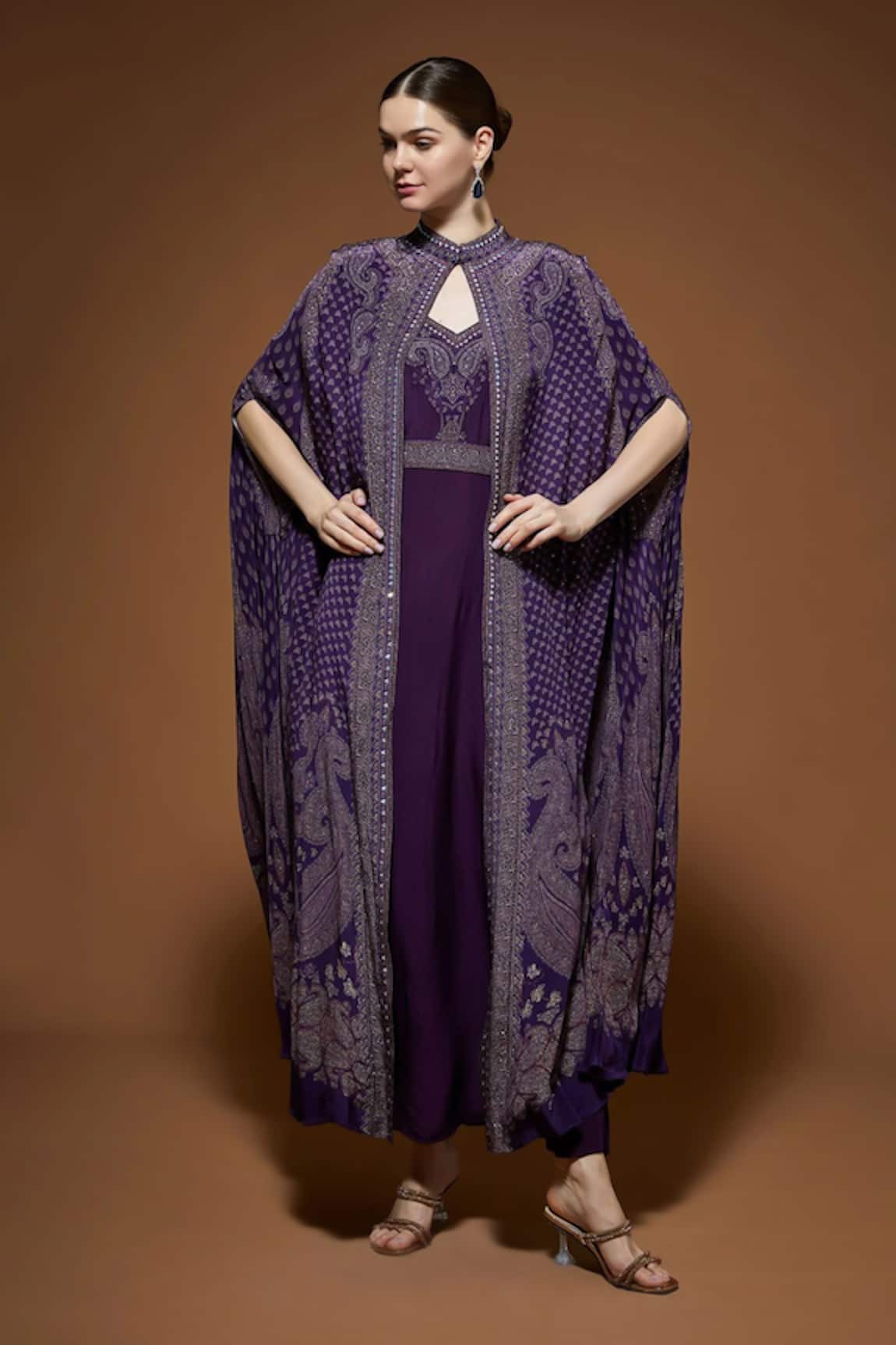 NIRRAAMYAA Dark Wine Cape Gown Set 