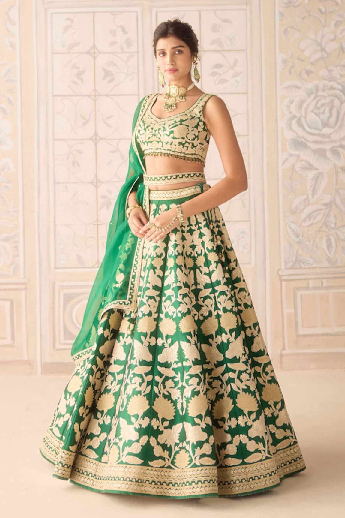 Shyam Narayan Prasad Dark Green Zari Embroidered Lehenga Set 