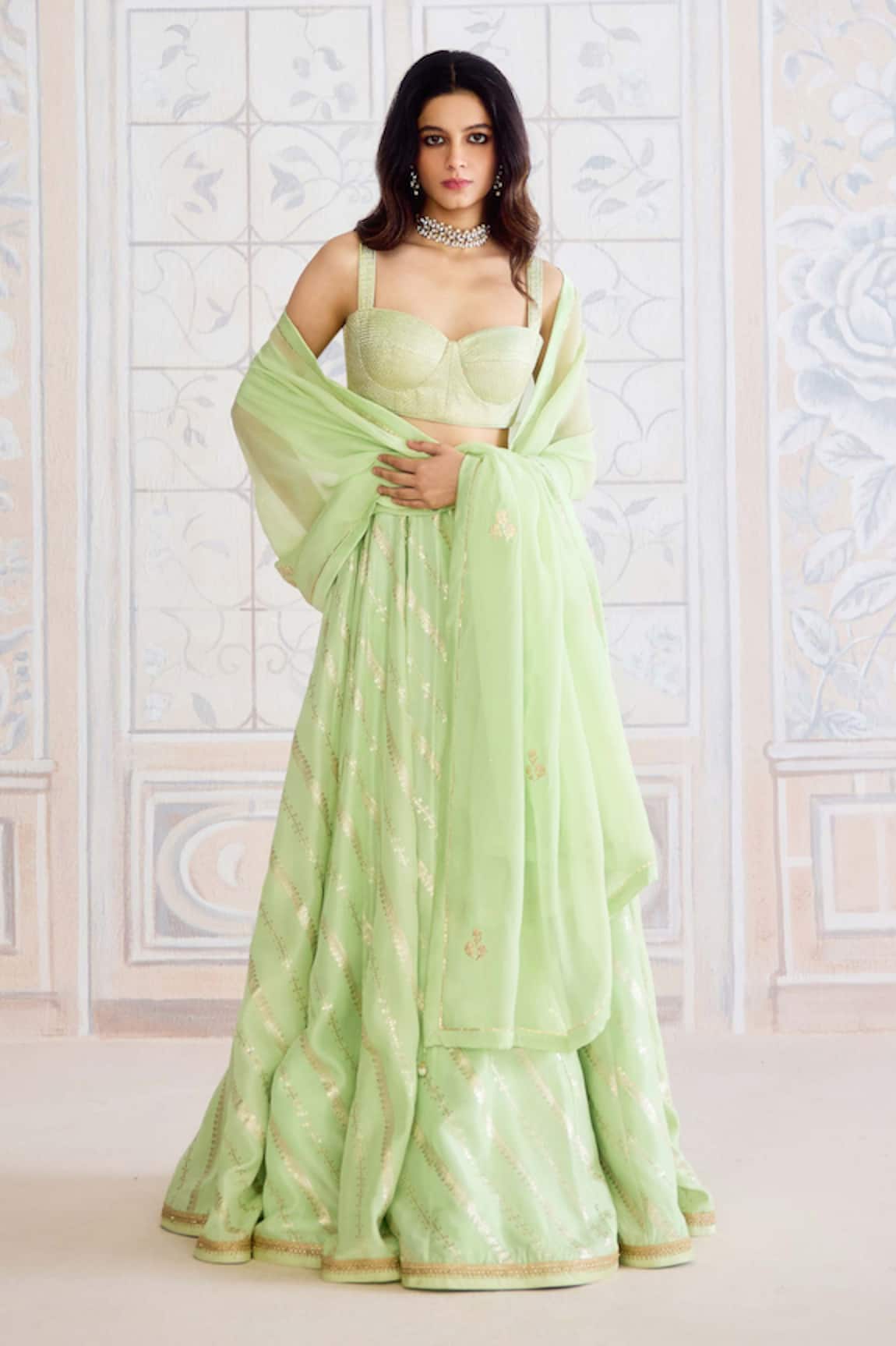 Shyam Narayan Prasad Butterfly Green Gota Embroidered Lehenga Set 